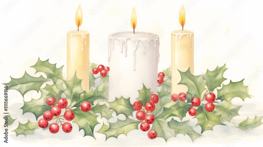 Elegant Christmas Calligraphy on Parchment with Holly Berries Candles and Other Festive Botanical Accents for Holiday Greeting Cards Invitations or Elegant Christmas Calligraphy on Parchment with Holly Berries Candles and Other Festive Botanical Accents for Holiday Greeting Cards Invitations or