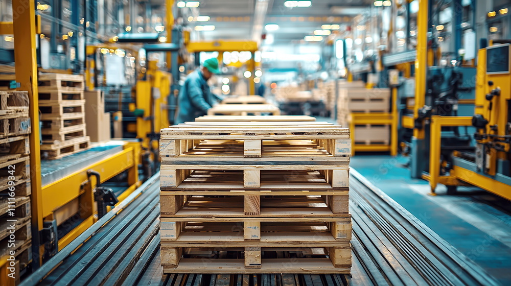 A detailed shot of wooden pallets stacked neatly in a warehouse, emphasizing industrial production and organized logistics. A detailed shot of wooden pallets stacked neatly in a warehouse, emphasizing industrial production and organized logistics.