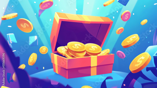 Open gift box with bonus money coin prize vector. Casino reward for lucky giveaway winner cartoon ui design. Mystery online promotion jackpot with trophy pack. Loot asset for lottery award or sale