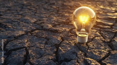 A glowing light bulb stands tall on cracked, barren ground, symbolizing hope, innovation, and resilience against adversity