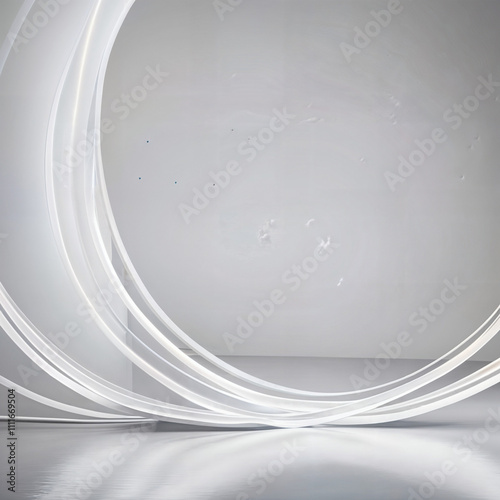 The image features a minimalist, abstract composition with a white, circular light sculpture that forms a curve across the frame. The sculpture casts a shadow on the smooth, reflective floor, enhancin photo