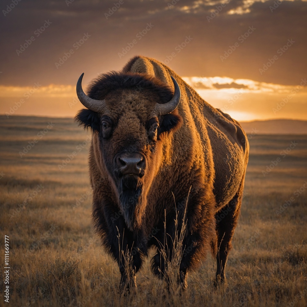 A bison standing proudly in a vast prairie during sunset.
A bison standing proudly in a vast prairie during sunset.
