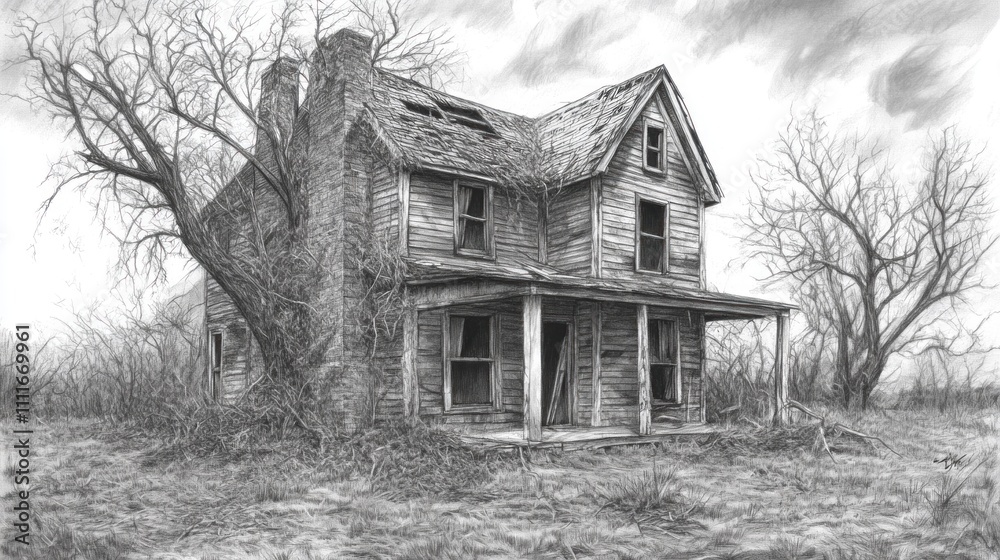 A detailed pencil drawing of an old, abandoned house. A detailed pencil drawing of an old, abandoned house.