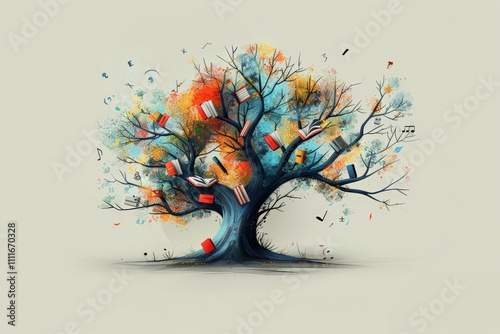 ​Public Domain Day. A stylized tree symbolizing knowledge and creativity, adorned with books, music notes, and art supplies.