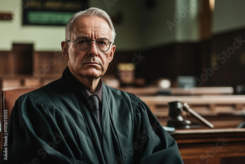 Judge presiding over a courtroom session with serious expression