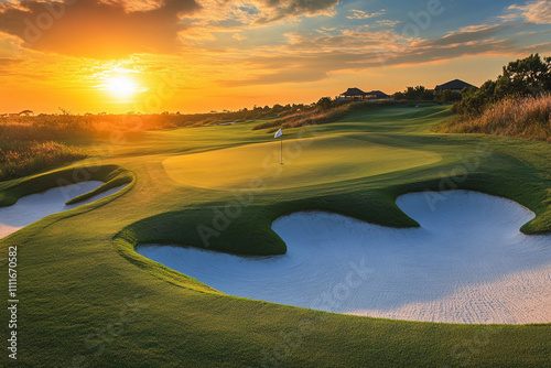 Golf course at sunrise with dramatic clouds and flag photo