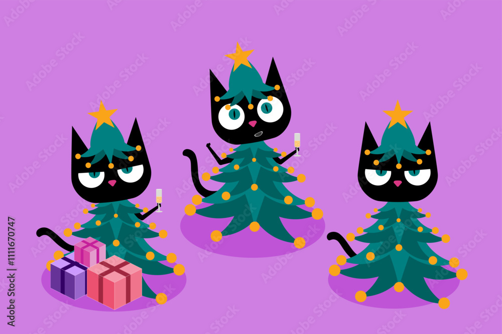 Funny three black cats dressed in Christmas tree costume, bringing a whimsical and festive vibe to holiday themed designs. Perfect for adding joy and humor to Christmas visuals with a playful twist. 