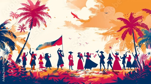 ​Haitian Independence Day. A vibrant celebration of independence day on a tropical beach with people waving flags and playing music.