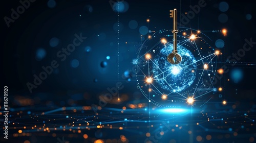 ​Public Domain Day. A golden key unlocking a digital world filled with glowing networks, symbolizing security and technology. photo