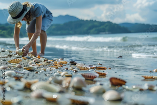 Tourist collects colorful seashells on shore while gentle waves caress sandy beach. photo