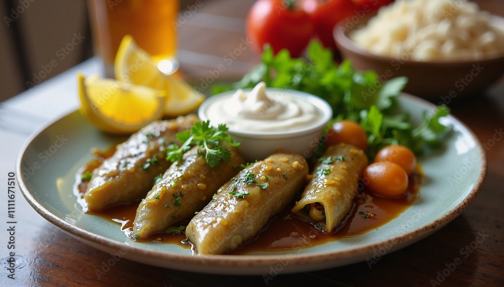 Delicious traditional dish served with yogurt sauce, fresh herbs, and garnished with lemon slices Delicious traditional dish served with yogurt sauce, fresh herbs, and garnished with lemon slices