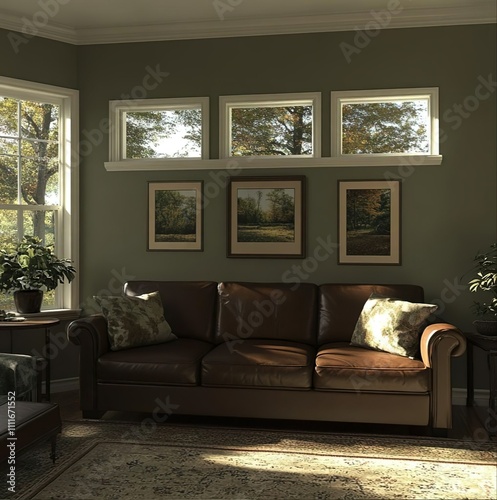 living room in modest house with dark sage walls and brown leather couch, there are windows on the walls above the couch and small gallery art style wall hangings, 10ft ceiling photo