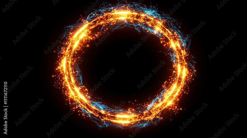 Naklejka premium A vibrant, fiery circular design with glowing orange and blue elements against a black background, suggesting energy and motion.