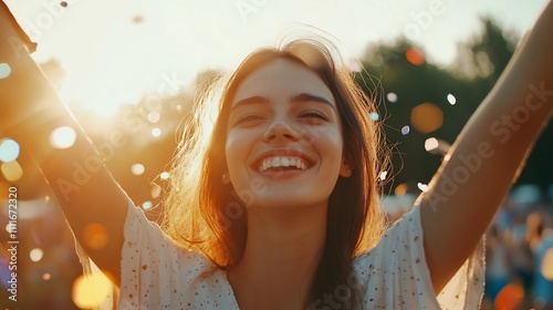 Beautiful young woman smiling joyfully at outdoor music festival under bright sunny skies