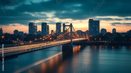 London cityscape at sunrise over the Thames River with a suspension bridge. Sunrise, cityscape, urban, bridge, river, city, twilight, architecture, travel, sunset, light, buildings,