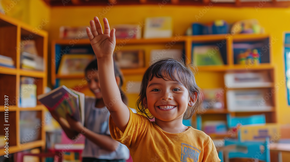 Child raising hand in a colorful classroom, teacher holding a book and smiling, shelves with educational supplies in the background, warm natural light Child raising hand in a colorful classroom, teacher holding a book and smiling, shelves with educational supplies in the background, warm natural light