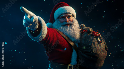 Santa Claus is carrying a large dark bag on his shoulders against a dark blue background. photo