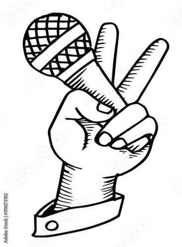 Hand holding microphone vector illustration. Hand and mic illustration hand drawn sketch