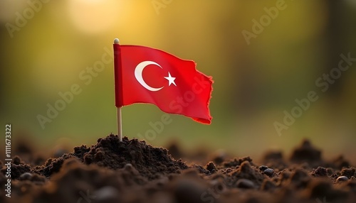 Turkey flag in soil miniature macro photo 