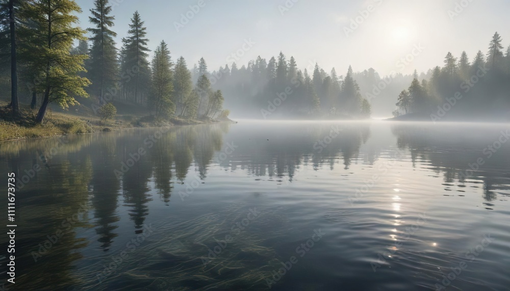 Misty morning scene on a tranquil lake with flowing waves and soft ripples on the water's surface , stillness, soft focus Misty morning scene on a tranquil lake with flowing waves and soft ripples on the water's surface , stillness, soft focus