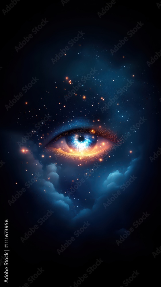 A mystical eye surrounded by cosmic clouds and stars, evoking a sense of wonder and the infinite universe. A mystical eye surrounded by cosmic clouds and stars, evoking a sense of wonder and the infinite universe.