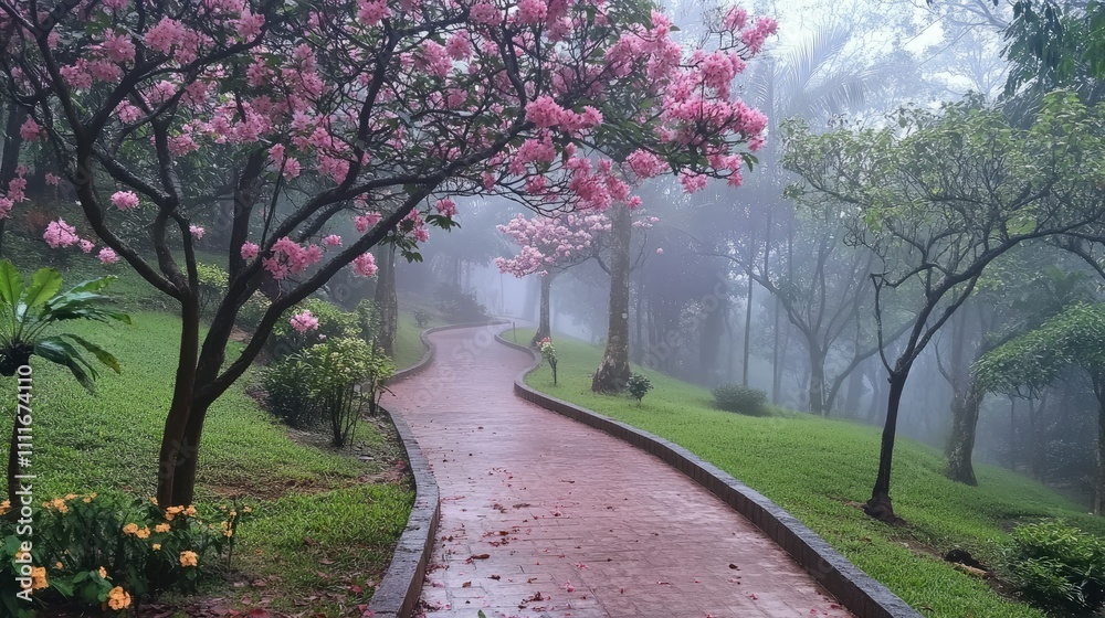 A serene, foggy pathway winds through lush trees, inviting exploration and evoking tranquility amidst nature's beauty A serene, foggy pathway winds through lush trees, inviting exploration and evoking tranquility amidst nature's beauty