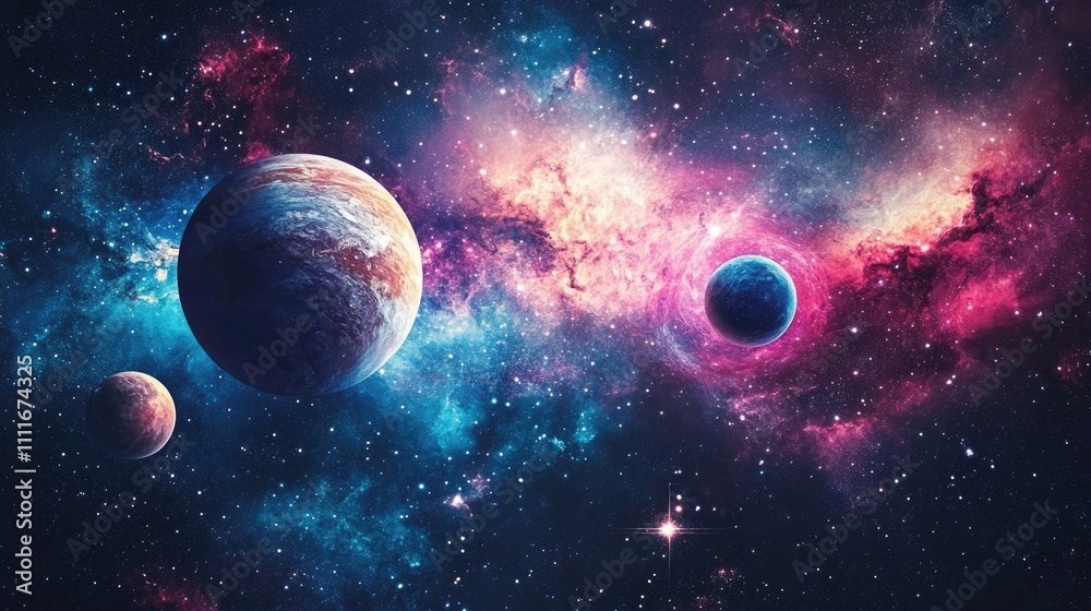 Vibrant nebula with three planets, cosmic dust, and stars.