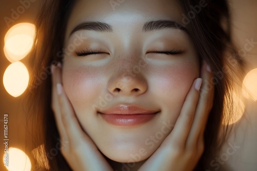 Close up portrait of a glowing confident Asian woman with flawless skin subtle makeup and a warm