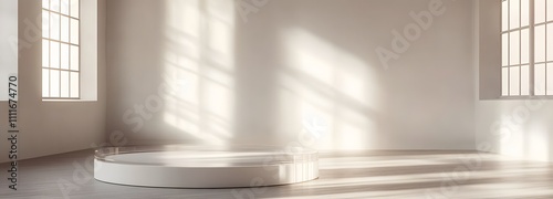 A transparent podium in an empty room with soft, diffused lighting and smooth white walls, offering a minimalist backdrop for showcasing high-end technology or design photo