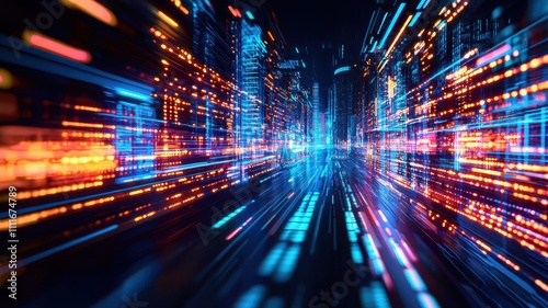 A vibrant  futuristic scene depicting rapid motion through a digital landscape filled with glowing lights and data streams.