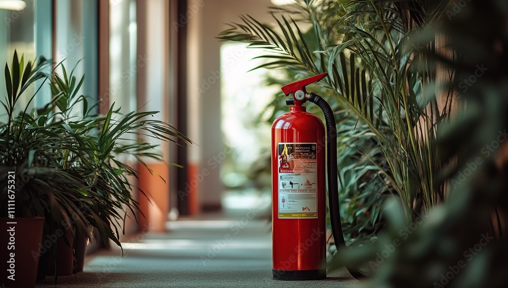Red Fire Extinguisher in a Modern Building Corridor Surrounded by Lush Greenery, Safety and Design Elements Combined