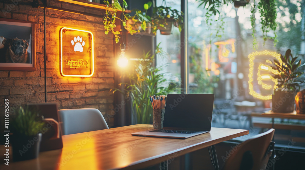 Table for dog friendly cafe furniture vector set. Pet care restaurant business interior with coffee for lunch. Animal paw for modern office and neon sign lamp. Medal award and picture in frame Table for dog friendly cafe furniture vector set. Pet care restaurant business interior with coffee for lunch. Animal paw for modern office and neon sign lamp. Medal award and picture in frame