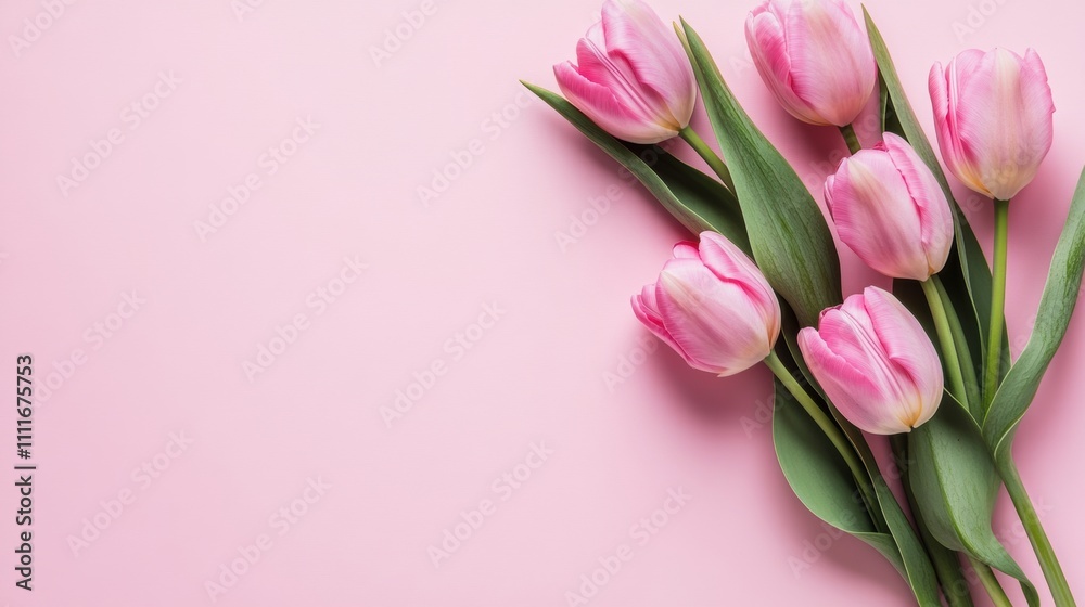 Obraz premium Bouquet of Pink Tulips with White Tips on a Pink Background, Springtime Floral Arrangement