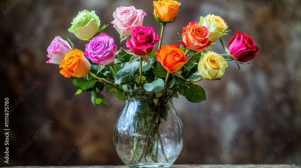 Colorful roses in a glass vase against a rustic backdrop. Colorful roses in a glass vase against a rustic backdrop.