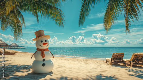 An unusual setup of a beautiful snowman placed on a sunny beach with palm trees and a stunning sea on the Mediterranean, in the spirit of Christmas and New Year