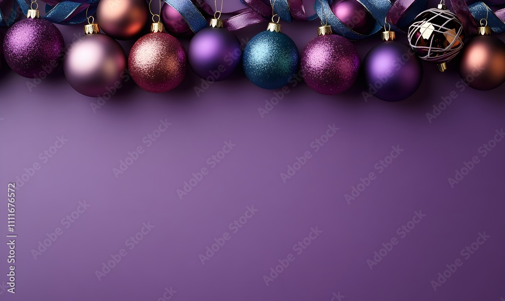 A purple background with a border of hanging Christmas ornaments and ribbons, leaving space for text or design elements,
A purple background with a border of hanging Christmas ornaments and ribbons, leaving space for text or design elements,