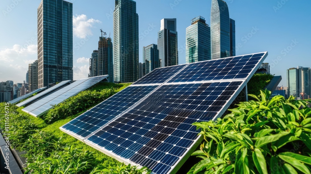Fototapeta premium Solar panels on green roof with urban skyline in background.