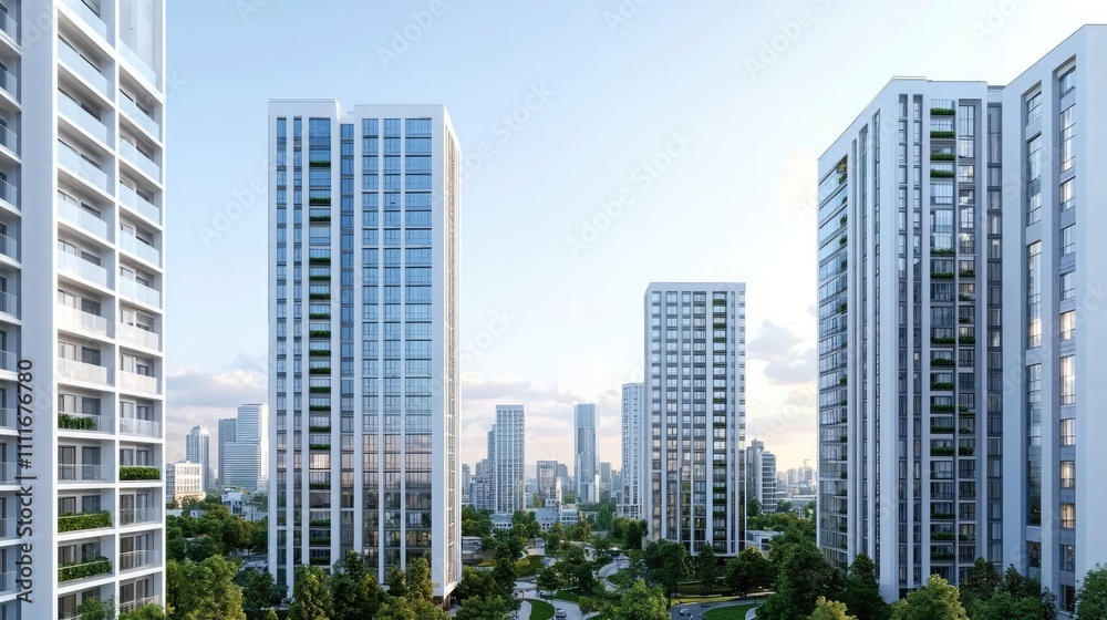 Modern cityscape with high-rise buildings and lush green spaces under a clear sky. Modern cityscape with high-rise buildings and lush green spaces under a clear sky.