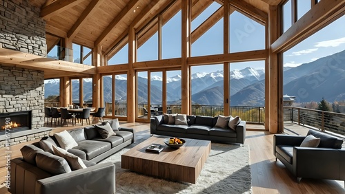 Spacious and luxurious living room with large windows offering panoramic views of the mountains