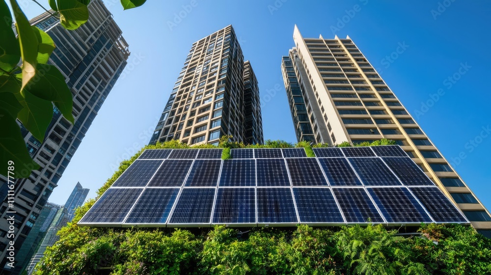 Fototapeta premium Modern skyscrapers with solar panels and greenery under a blue sky.