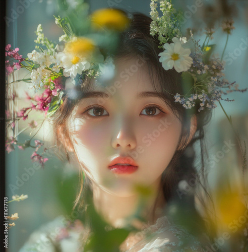 a Korean woman wearing a shirt, with flowers and plants in the background. The face is partially obscured by foliage or petals, with soft pastel colors.