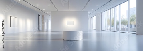 A clean  white podium in an empty  bright room with high ceilings and smooth floors  illuminated by soft ambient lighting  creating a simple and elegant space for displaying a product