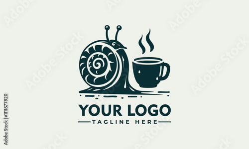 Vector logo snail enjoys warm beverage in tiny cup snail sips from a miniature cup, add charm to naturethemed designs with a touch of whimsy, perfect for coffee lovers