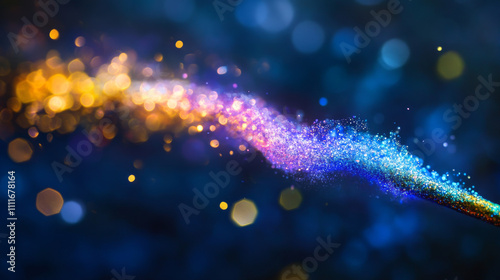 Magic wand with fairy colorful swirl light trail with sparkles and glitter. Realistic 3d vector set of fantasy wizard spell stick with glow wave trace. Fairytale magician rod with twinkle streak. photo