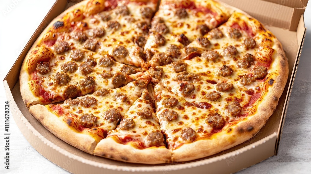 Delicious pizza with sausage, golden cheese, in a takeout box, isolated background. Delicious pizza with sausage, golden cheese, in a takeout box, isolated background.