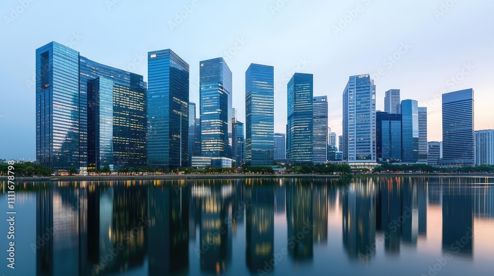 Modern skyline reflected in water during twilight, showcasing urban architectural beauty. Modern skyline reflected in water during twilight, showcasing urban architectural beauty.