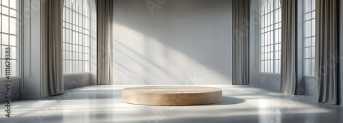 A polished wood podium in the center of a spacious room with soft gray walls and large windows, surrounded by empty space to showcase a luxury product under soft, indirect lighting