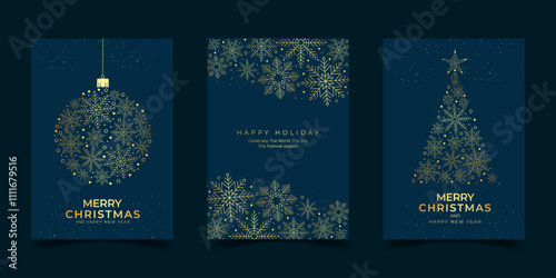 Merry christmas and new year luxury greeting card with gold snowflakes christmas ball and tree design art decoration on dark blue background