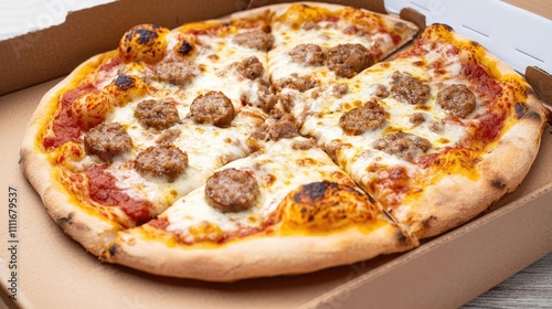 Delicious meat pizza in a cardboard box on a rustic table.