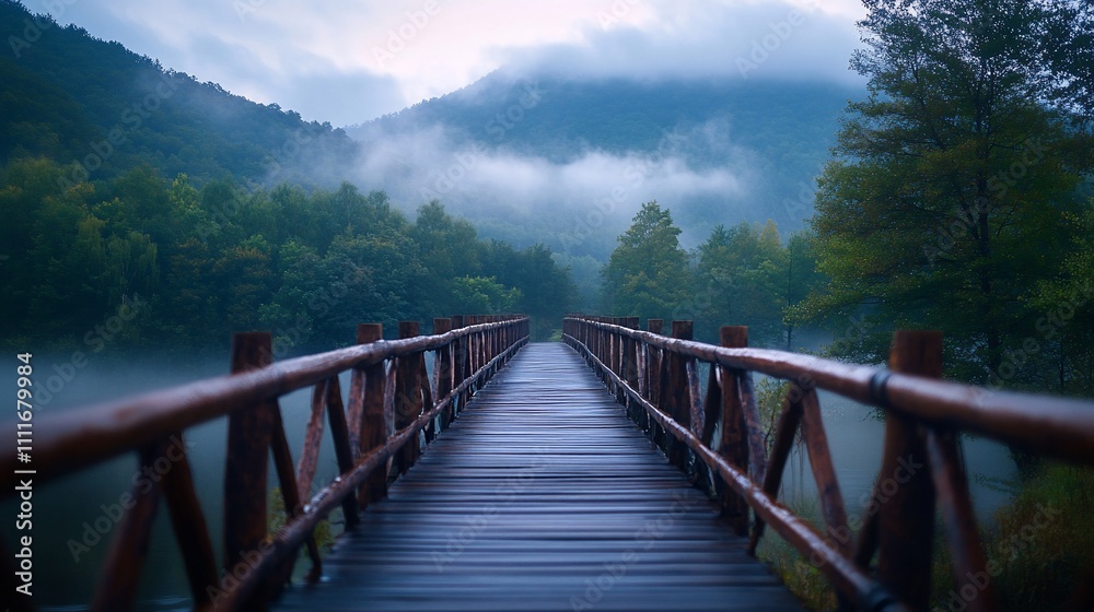 Misty morning, wooden bridge over tranquil lake, mountains in background. Misty morning, wooden bridge over tranquil lake, mountains in background.